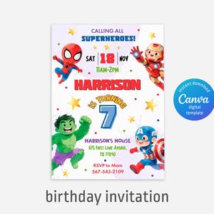 Invitación imprimible para cumpleaños de niño, invitación editable para fiesta de superhéroes, plantilla de invitación de Spiderman, Hulk, Capitán América, invitación de Los Vengadores