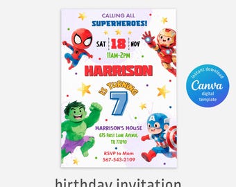 Afdrukbare jongen verjaardagsuitnodiging, superheld bewerkbare feestuitnodiging, spiderman, hulk, Captain America Invite-sjabloon, Avengers uitnodiging