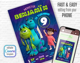 Monster birthday Invitation, printable Monsters University template, Editable monster inc evite halloween boo-day party, 1st Birthday Invite