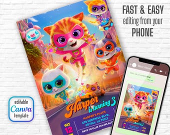 SuperKitties Einladung, druckbare bearbeitbare Super Kitty einladen, SuperKitty-Geburtstagsfeier einladen Vorlage, Kätzchen-Einladung niedlich einladen