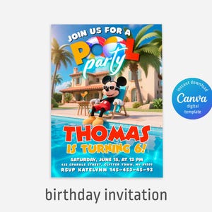 Invitación de cumpleaños imprimible de Clubhouse, invitación de Mickey, invitación de Clubhouse, invitación a fiesta de Mouse, invitación editable, invitación a fiesta en la piscina