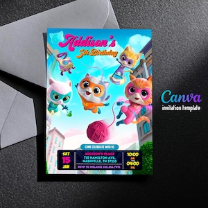 SuperKitties invitation, Printable Editable Super Kitty Invite, SuperKitty Birthday Party invite template, Kitten Invitation Cute Invite