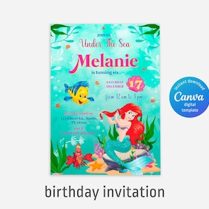 Invitation d'anniversaire de la princesse Ariel, modèle d'invitation modifiable pour fille, petite invitation imprimable de sirène, fête sous la mer, téléchargement immédiat
