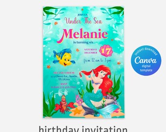 Verjaardagsuitnodiging prinses Ariel, meisje bewerkbare uitnodigingssjabloon, afdrukbare uitnodiging kleine zeemeermin, onderwaterfeest, instant download