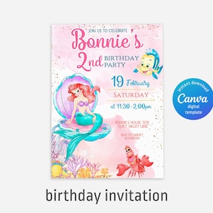 Princess Ariel Birthday invitation, Girl editable invite template, little mermaid printable invitation, under sea party, instant download