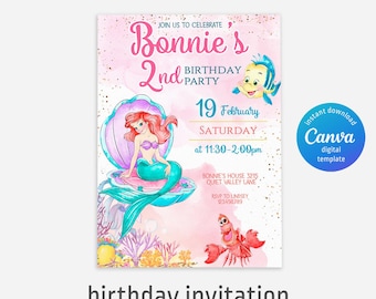 Princess Ariel Birthday invitation, Girl editable invite template, little mermaid printable invitation, under sea party, instant download