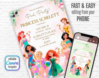 May include: A party invitation with the text "Pool Party! Princess Scarlett" and event details. The design features illustrations of princesses and a smartphone displaying the invitation. The invitation is an editable Canva template.