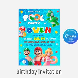 Mario Bros Einladung, Geburtstagseinladung Junge Mädchen, Super Mario Pool-Party Einladung, sofort-Download Videospiel Geburtstagseinladung Vorlage