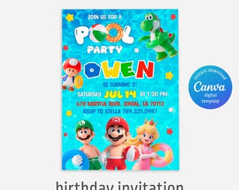 Mario Bros-uitnodiging, verjaardagsuitnodiging jongen meisje, Super Mario-uitnodiging zwembadfeest, instant download, videogame verjaardagsuitnodigingssjabloon