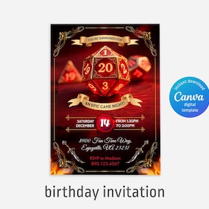Dungeons and Dragons-feestuitnodiging, D&D-verjaardagsuitnodiging, bewerkbare digitale NST-uitnodiging, Dragon Fantasy-thema, afdrukbare RPG-sjabloon
