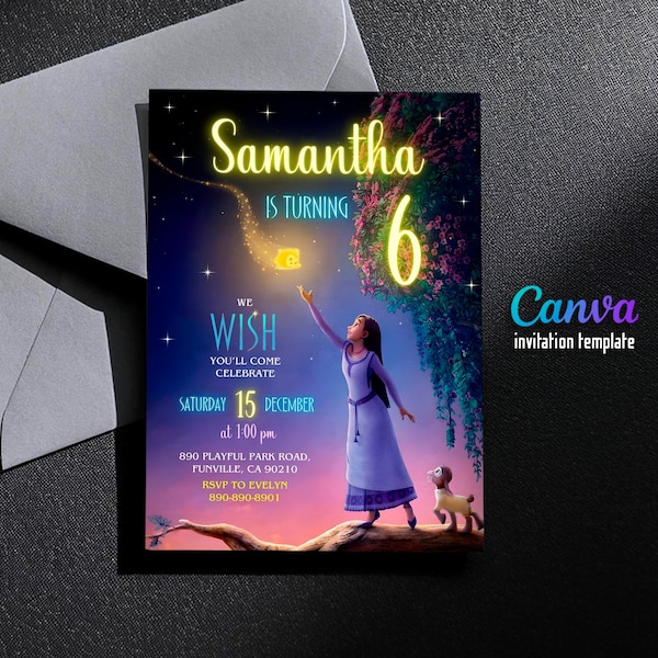 Wish birthday invitation, Printable birthday invite, Editable Magic Girl Birthday Invitation, Asha princess editable invitation