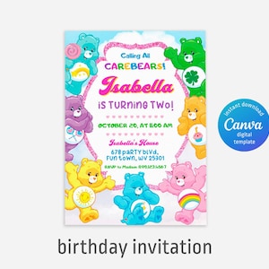 Convite de aniversário dos Ursinhos Carinhosos, convite para festa de aniversário editável para impressão, modelo de convite digital para festa, cartão de convite dos Ursinhos Carinhosos