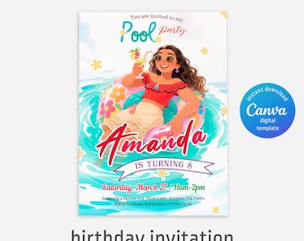 Moana Pool party Birthday Invitation, Editable Digital Party Invite, 1st 2nd 3rd Birthday Theme, Printable Maui Moana Template for Girls