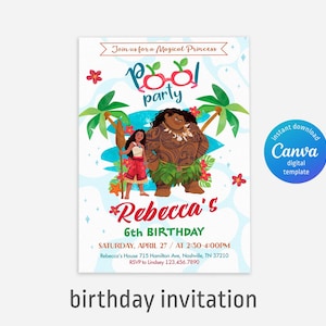 Moana Pool party Birthday Invitation, Editable Digital Party Invite, 1st 2nd 3rd Birthday Theme, Printable Maui Moana Template for Girls