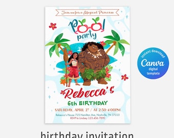 Moana Pool party Birthday Invitation, Editable Digital Party Invite, 1st 2nd 3rd Birthday Theme, Printable Maui Moana Template for Girls