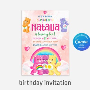 Invitación de cumpleaños de los Osos Cariñositos, invitación imprimible y editable para fiesta de cumpleaños, plantilla digital de invitación para fiesta, tarjeta de invitación de los Osos Cariñositos