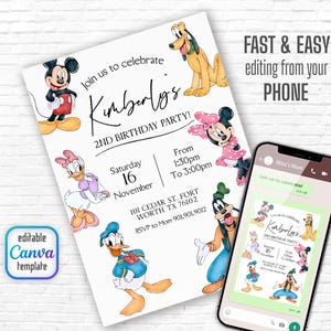 Op de afbeelding: Een witte uitnodiging met Disney-personages voor een 2e verjaardagsfeestje. De uitnodiging bevat Mickey Mouse, Minnie Mouse, Donald Duck, Daisy Duck, Goofy en Pluto. De tekst luidt "Doe mee om Kimberly's 2e verjaardag te vieren!" en "SNEL & GEMAKKELIJK bewerken vanaf je TELEFOON."