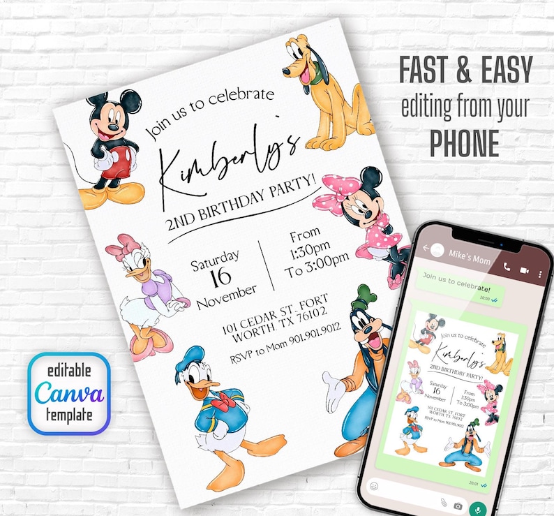 Op de afbeelding: Een witte uitnodiging met Disney-personages voor een 2e verjaardagsfeestje. De uitnodiging bevat Mickey Mouse, Minnie Mouse, Donald Duck, Daisy Duck, Goofy en Pluto. De tekst luidt "Doe mee om Kimberly's 2e verjaardag te vieren!" en "SNEL & GEMAKKELIJK bewerken vanaf je TELEFOON."