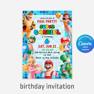 Mario Bros invitation, birthday invite boy girl, Super Mario pool party invitation, instant download, Video Game Birthday invite template