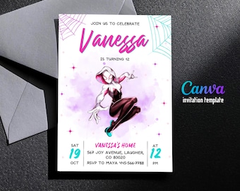 Gwen Birthday Invitation, spider-verse girl birthday invite, editable Ghost Spidey invitation, Spidey Gwen party, girl spiderman birthday