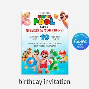 Mario Bros Einladung, Geburtstagseinladung Junge Mädchen, Super Mario Pool-Party Einladung, sofort-Download Videospiel Geburtstagseinladung Vorlage