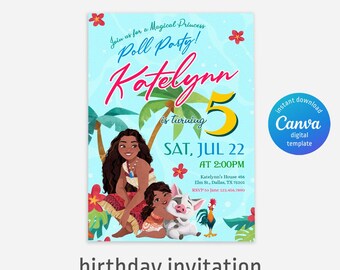 Moana Pool party Birthday Invitation, Editable Digital Party Invite, 1st 2nd 3rd Birthday Theme, Printable Maui Moana Template for Girls
