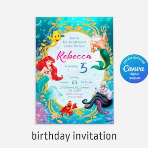 Princess Ariel Birthday invitation, Girl editable invite template, little mermaid printable invitation, under sea party, instant download