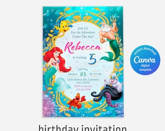 Princess Ariel Birthday invitation, Girl editable invite template, little mermaid printable invitation, under sea party, instant download
