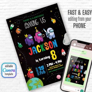 Peut inclure: Une invitation d'anniversaire noire et blanche sur le thème de l'espace. L'invitation présente un personnage coloré "Among Us" avec le texte "There is a birthday Among Us" et "Jackson is turning 8". L'invitation comprend également la date et l'heure de la fête, "Samedi 19 février, 14h00 - 16h00".