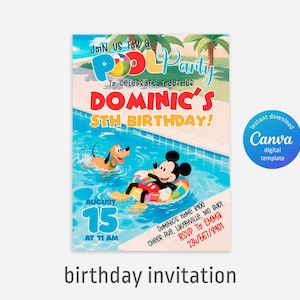 Invitación de cumpleaños imprimible de Clubhouse, invitación de Mickey, invitación de Clubhouse, invitación a fiesta de Mouse, invitación editable, invitación a fiesta en la piscina