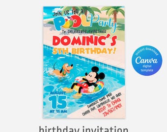 Afdrukbare verjaardagsuitnodiging clubhuis, Mickey-uitnodiging, clubhuisuitnodiging, uitnodiging muisfeest, bewerkbare uitnodiging, uitnodiging zwembadfeest