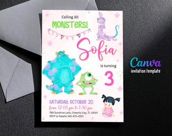 Verjaardagsuitnodiging monster, afdrukbare Monsters University-sjabloon, bewerkbare monster inc evite halloween boo-day party, 1e verjaardag uitnodigen