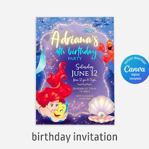 Princess Ariel Birthday invitation, Girl editable invite template, little mermaid printable invitation, under sea party, instant download