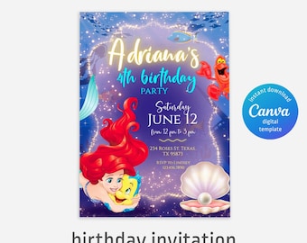 Princess Ariel Birthday invitation, Girl editable invite template, little mermaid printable invitation, under sea party, instant download