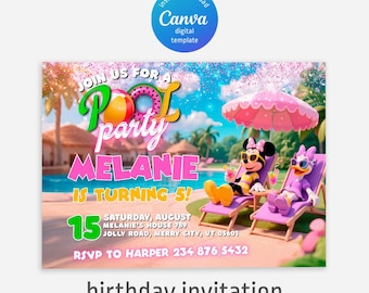Minnie Mouse printable girl birthday invite, electronic invitation, Mouse Birthday invite template, Minnie Pool party invitation