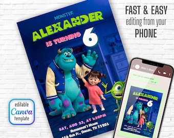 Monster birthday Invitation, printable Monsters University template, Editable monster inc evite halloween boo-day party, 1st Birthday Invite