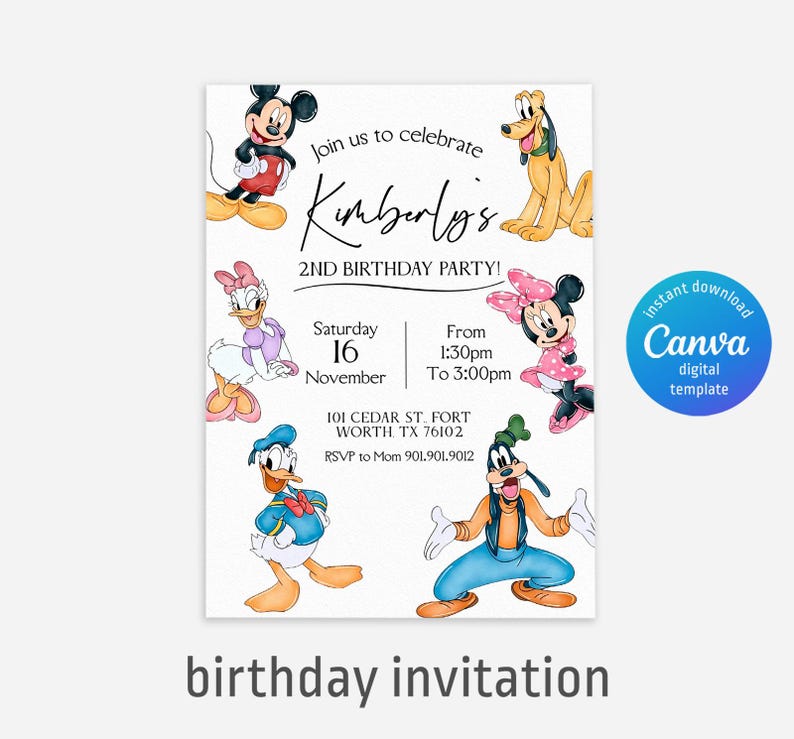 Op de afbeelding: Een verjaardagsuitnodiging met Mickey Mouse, Minnie Mouse, Donald Duck, Daisy Duck, Goofy en Pluto. De uitnodiging bevat de tekst "Kimberly's 2nd Birthday Party!" met evenementdetails en de woorden "birthday invitation".