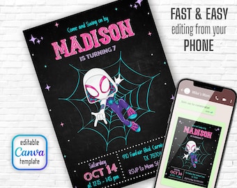 Gwen Birthday Invitation, spider-verse girl birthday invite, editable Ghost Spidey invitation, Spidey Gwen party, girl spiderman birthday