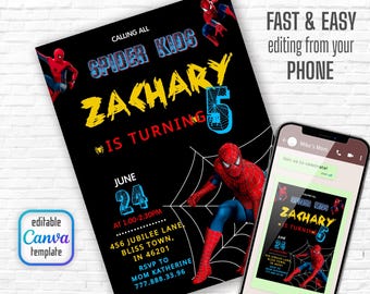 Spiderman birthday invitation, comics superhero invite, printable editable spidey party invite template, spider-man digital template