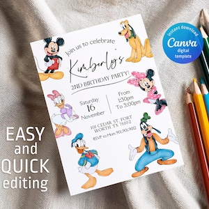 Op de afbeelding: Een witte uitnodigingskaart met Disney-personages zoals Mickey Mouse, Minnie Mouse, Donald Duck en Goofy. De uitnodiging is voor een 2e verjaardag, met de tekst "Join us to celebrate Kimberly's". Inclusief een digitaal Canva-sjabloon.