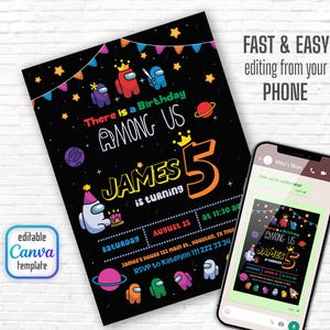 May include: Black Among Us birthday invitation with colorful character illustrations and text. The invitation reads "There is a Birthday Among Us James is turning 5". Includes the text "editable Canva template". A phone displays the invitation.