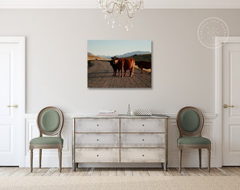 Canvas, Cabin Art, Rustic Ranch Art, Cow Photo on Canvas Montana Mountains, Big Sky Cattle, Open Range, Rust