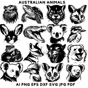 Puede incluir: Ilustraciones en silueta en blanco y negro de animales australianos, incluyendo un koala, un canguro, un cocodrilo, una serpiente, un kookaburra, un dingo y un wombat. Las ilustraciones están dispuestas en una cuadrícula.