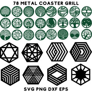 May include: 78 metal coaster grill designs, featuring geometric shapes and nature-inspired patterns. The designs are in black and white, and are perfect for creating unique coasters for your home.
