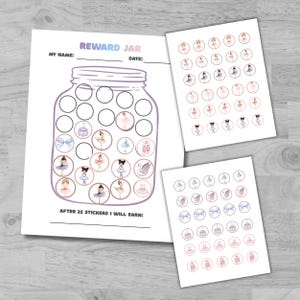 May include: A reward jar printable with a purple jar design, circles for stickers, and the text "Reward Jar". Includes sticker sheets with ballet-themed images. The text "My Name" and "Date" are above the jar, and "After 25 stickers I will earn" is below.