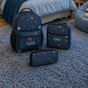 PERSONALIZED SPACE BACKPACK Lunch Box Pencil Case School Supply Kit Boy First Day School Gift Kids Custom Name Bookbag Insulated Meal Tote