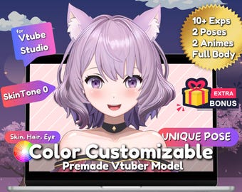 May include: A customizable Vtuber model with a purple haired anime character with cat ears. The model is shown on a laptop screen with the text "Color Customizable Premade Vtuber Model" and "Skin, Hair, Eye".