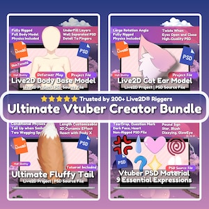 May include: An advertisement for a Vtuber creator bundle. The image showcases four product previews: a Live2D body base model, cat ear model, fluffy tail, and essential expressions. The text reads "Ultimate Vtuber Creator Bundle" and "Trusted by 200+ Live2D® Riggers."