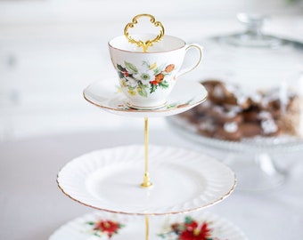 Teacup Cupcake and Treat Stand vintage and antique china plates and tea cups dessert table decor shower wedding birthday