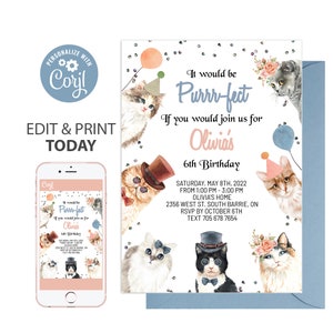 Cat Invitation Digital Download Cat Birthday Corjl kitten invitation Kitten Birthday kitten party birthday invitation kitty invitation